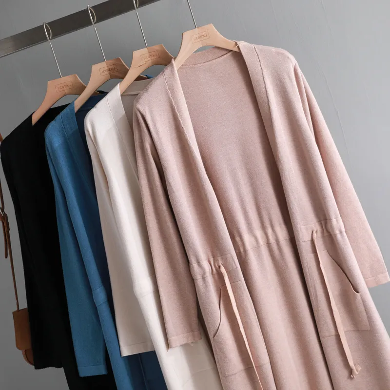 2019 Autumn Winter Drawstring Knit Cardigans Women Midi Long Sweater Cardigan Female Outwear Jacket com bolso novo T200820