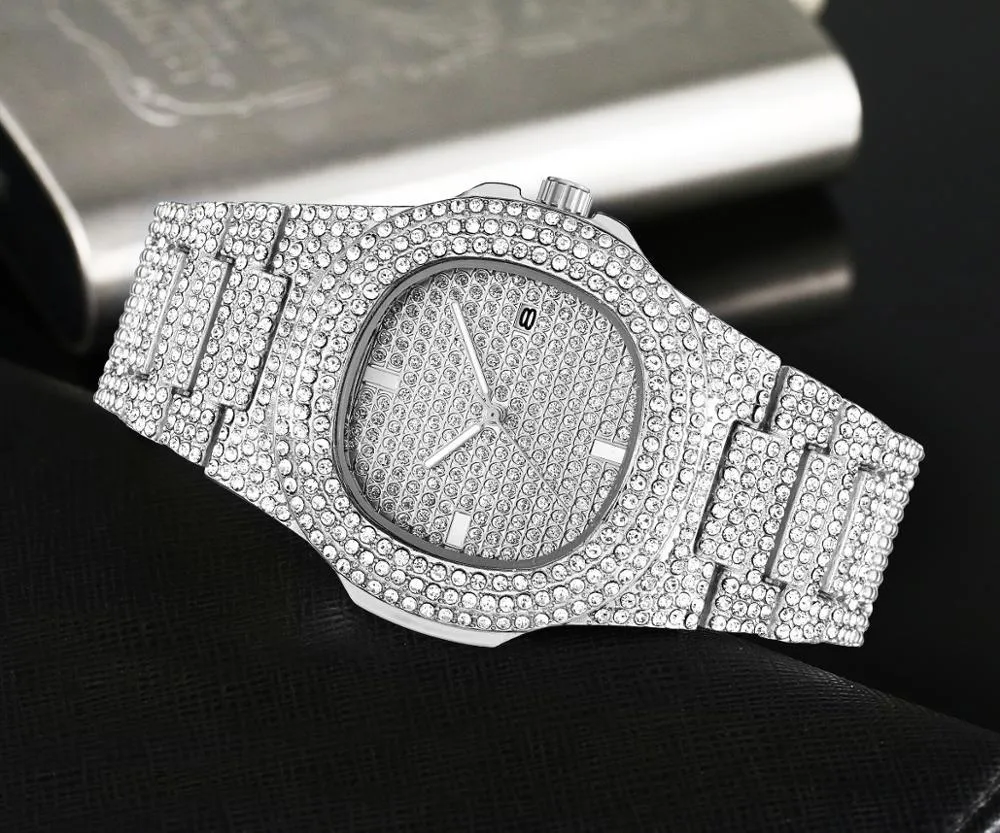 Mode Iced Out Horloge Mannen Diamant Staal Hip Hop Heren Horloges Topmerk Luxe Gouden Klok reloj hombre relogio masculino 2104072485