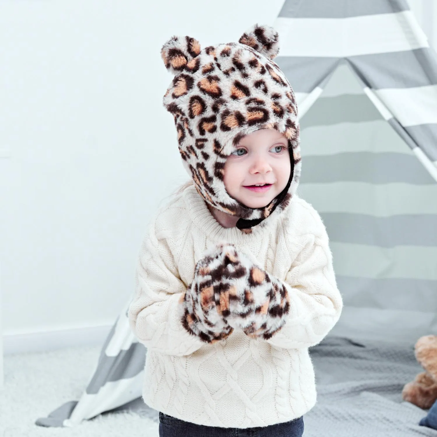 새로운 가을 겨울 따뜻한 아기 표범 봉 제 모자 딱지 세트 아이 아기 Earmuff Hats Beanie 장갑 키즈 모자 + 장갑 / 세트