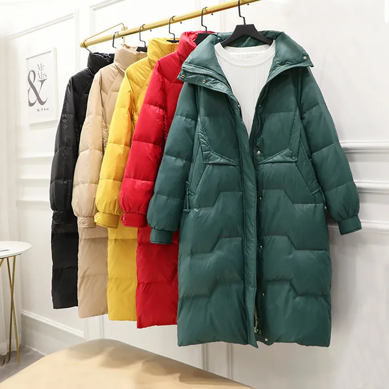 FTLZZ Winter Stand Collar Solid Long Down Jacket Women 90 White Duck Down coat Yellow Down Parka Blue Thick Warm Snow Outerwear LJ201021