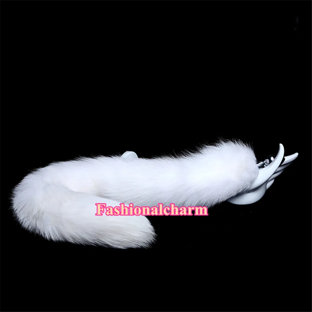70cm 27 5-本物の本物の白いキツネの毛皮プラグメタルステンレスアナルバットプラグインサートセクシーなストッパーコスプレトイ258m