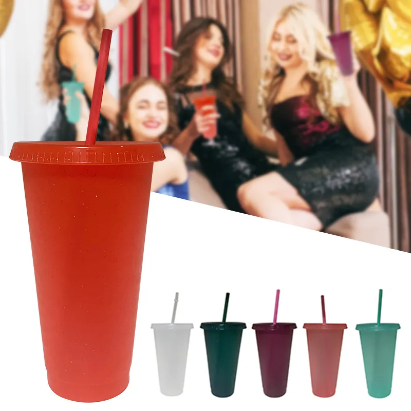 クリエイティブスパンコールグラフィックカラフルなコーヒーわらジュースマグシンプルな美しい液体赤の背景プラスチック屋外ポータブルカップ