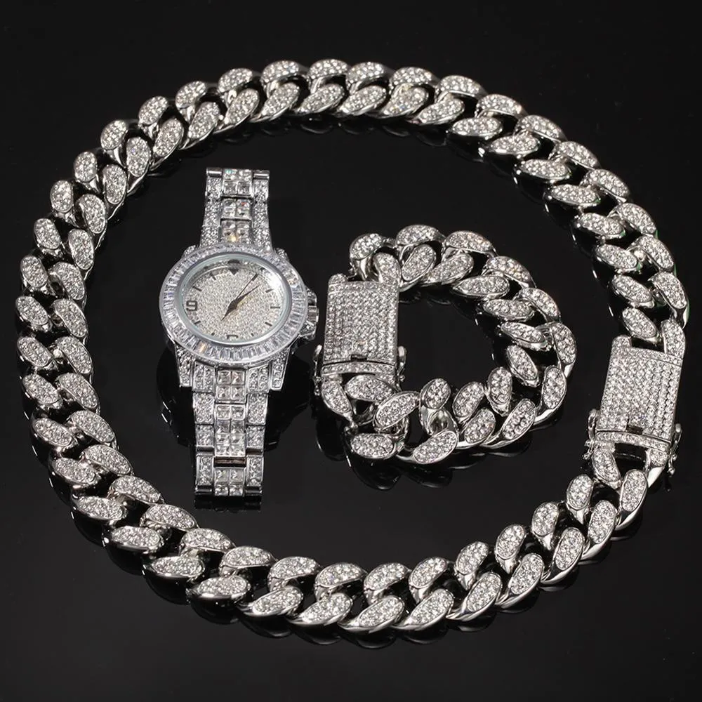 Set Men Hip Hop Iced Out Bling Chain Collier Bracelets Watch 20 mm Largeur Colliers Coubains Colliers Hiphop Charm bijoux Cadeaux2576