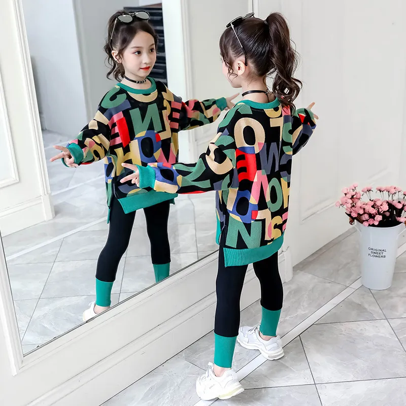 2020 New Kids Clothes Suit Girls Autumn Clothing Fashion Casual Big Children039S Letter Sweater Leggings TwoPiece Set F12157086674