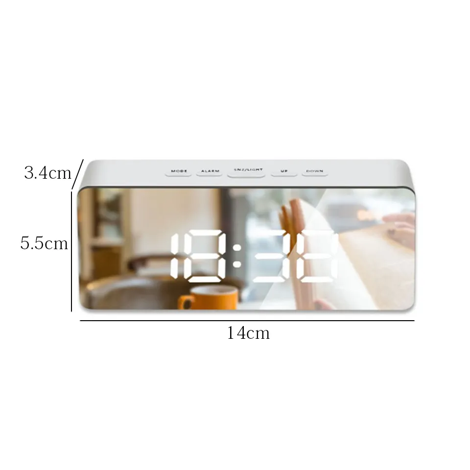 Sveglia a specchio a led Orologio da tavolo snooze digitale con termometro USB ricaricabile Grande display elettronico multifunzione 201119