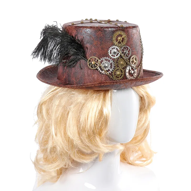 Steampunk retro czapki karnawałowe cosplay łańcuch beltera z piórem wystrój imprezowy czapki halloween brązowe okrągłe czapki dla mężczyzn kobiety t200292q