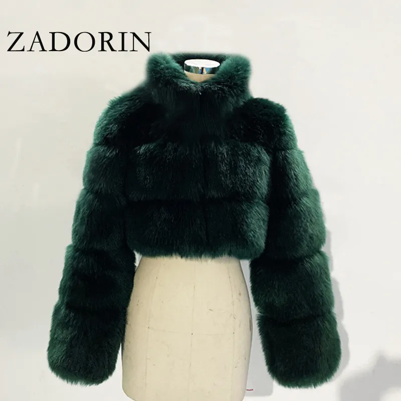 ZADORIN Fashion Cropped Faux Coat Warm Stand Collar Slim Fluffy Jacket Donna Inverno Pelliccia Cappotti Plus Size 201215