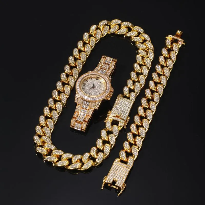 Chaines Set Men Hip Hop Iced Out Bling Chain Collier Bracelets Watch 20 mm Largeur Colliers cubains