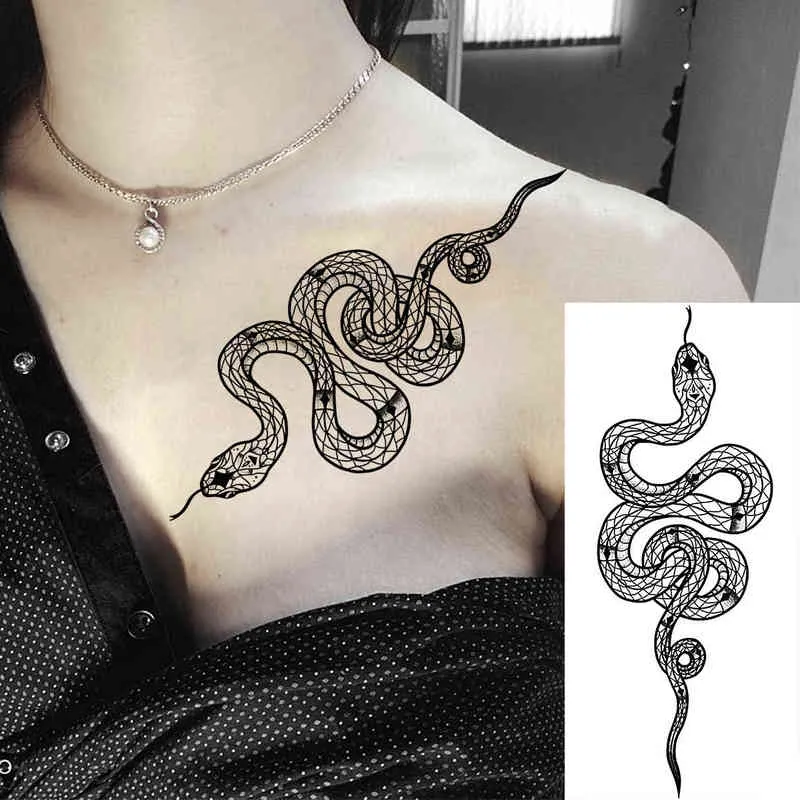 Черные змеиные предплечье временные татуировки для женщин взрослых мужчин змей луна реалистичные поддельные татуировки стильные водопроводные татуировки бумага татуировки 0304