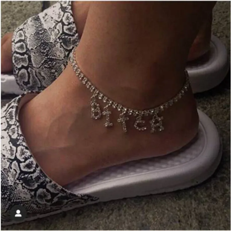 Hip Hop Women Bitch Crystal Anklets Armband Tennis Letter Diy Jewelry Silver Color Gold Foot Beach Leg Chain Barefoot Ankle T20092645227