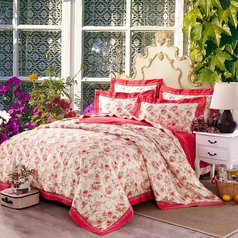 Bomull Jacquard Blommigryck sängkläder Ställ 4st Double King Queen Size Bedsheet Set Duvet Cover Home Dekorativa Pillowcases T200706