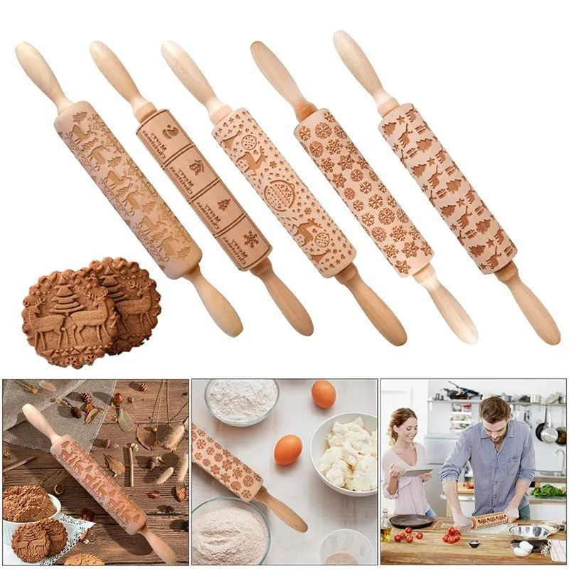 Elk Wooden Print Rolling Pin Merry Christmas Decortations for Home Navidad Noel Dessert Tools Year DIY Craft Xmas Y201020