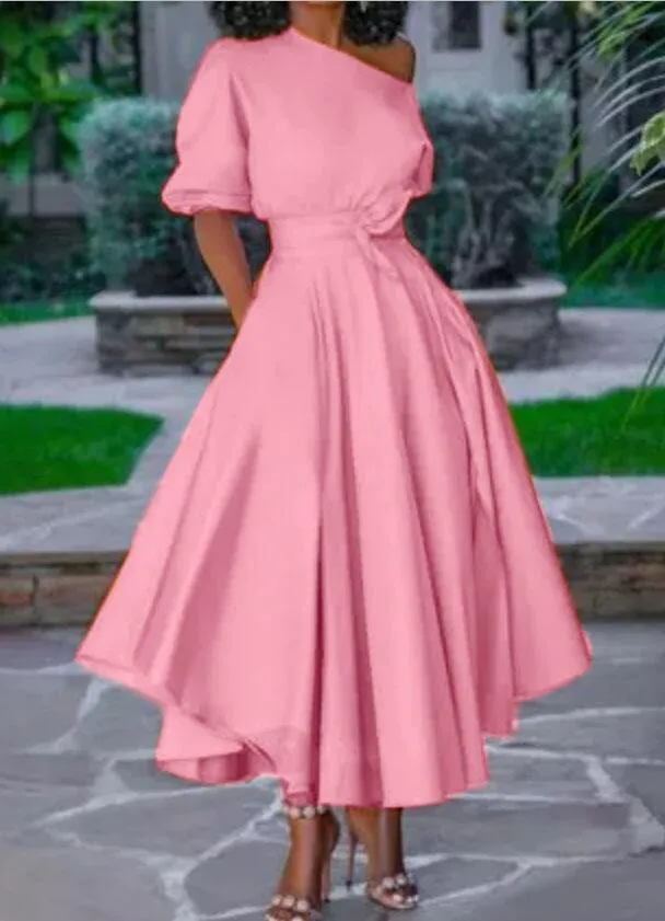 Vrouwen jurk een schouder korte mouw maxi es hoge getailleerde grote swing lange plus size zomer kleding voor 210513