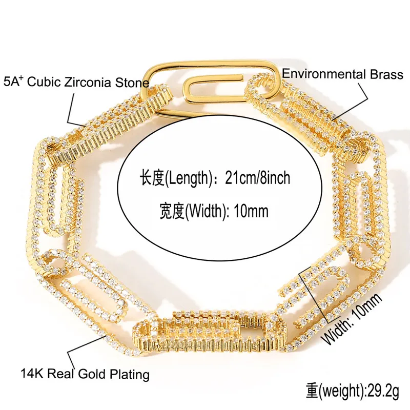 18K chapado en oro clip de papel collar pulseras oro plateado encanto pulseras de diamantes para hombre Bling Jewelry303u