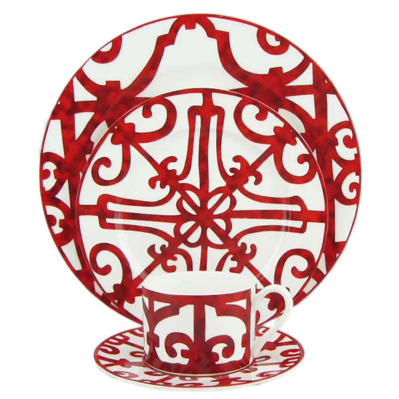 Keramisk biffplatta kaffekopp och fat ben porslin servis uppsättning västerländsk matbricka rött mönster 201116219d