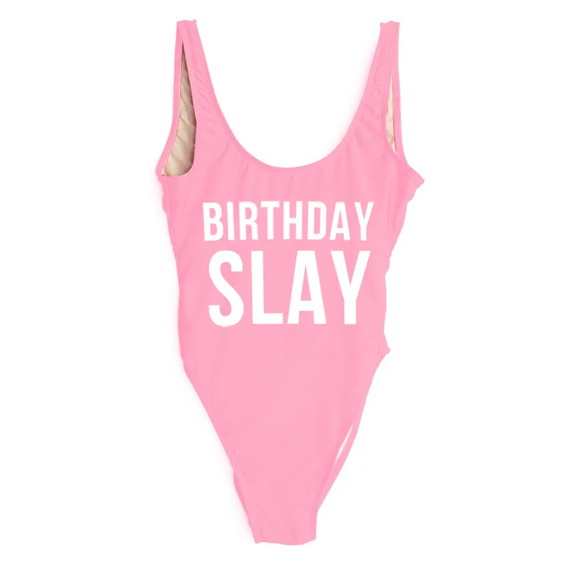 BIRTHDAY SLAY Letter Print One Piece Swimsuit Women Girl Swimwear Women High Cut Bathing Suit Plus Size Monokini Beachwear femme T200708