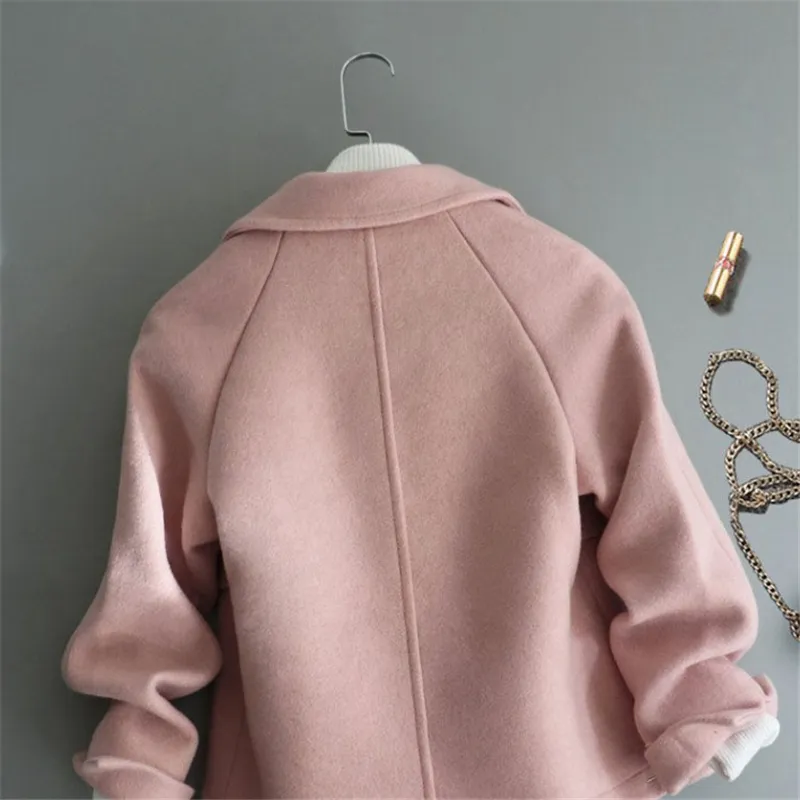 Novo elegante casaco de lã colarinho de lã mulheres inverno único botão casacos moda sólida outwear senhora casaco curto ropa de mujer 201218