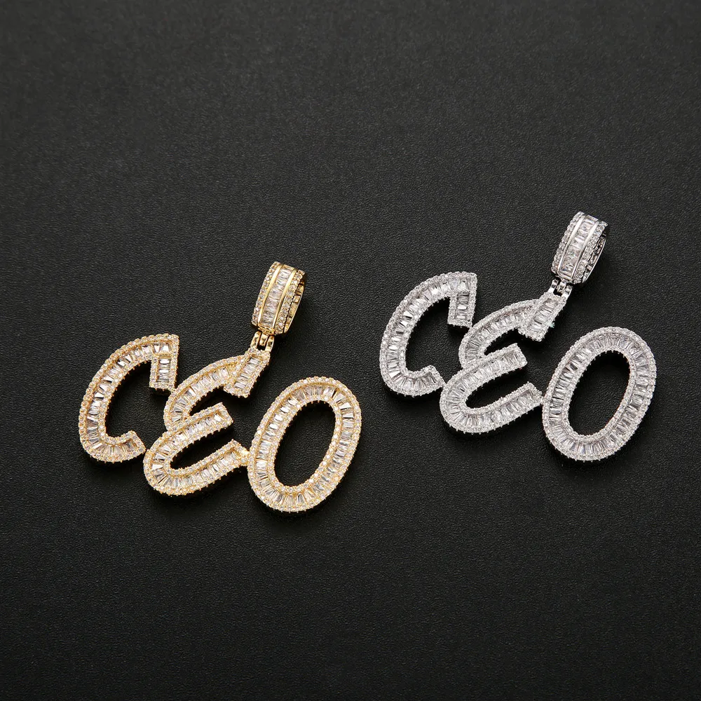 Ciondolo hip-hop con lettere baguette con nome personalizzato con catena in corda Oro argento bling zirconi Gioielli da uomo268O