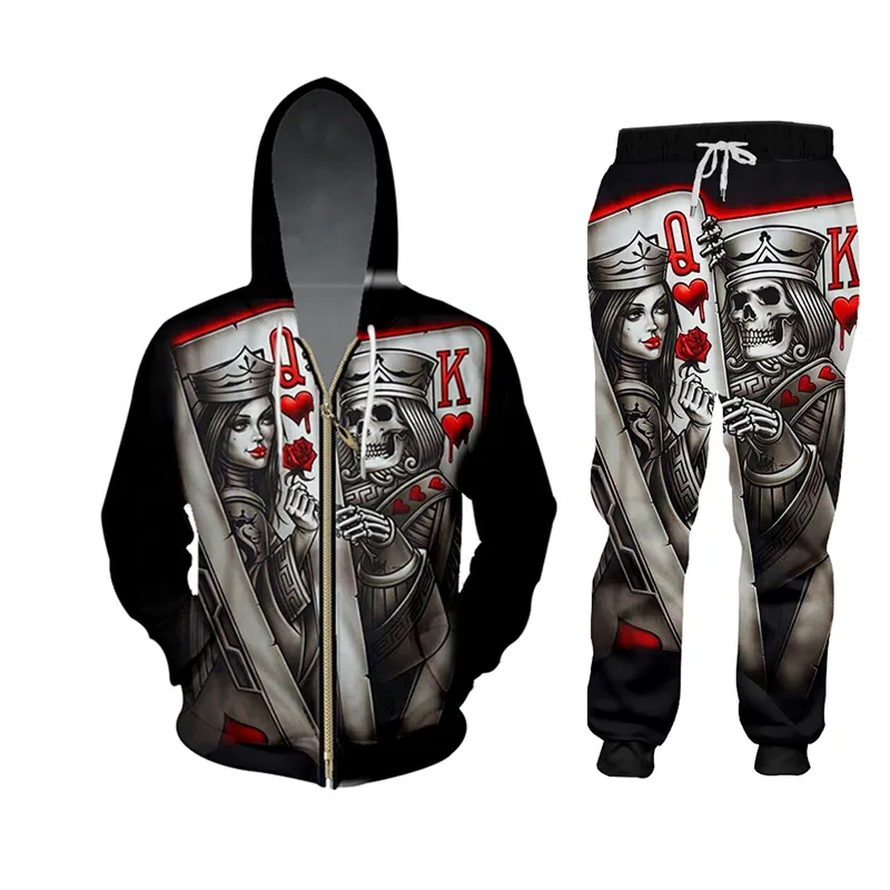 Ujwi New zip Hoodies Man Sweatsuit Print Skull Poker Q k casual حجم كبير الحجم