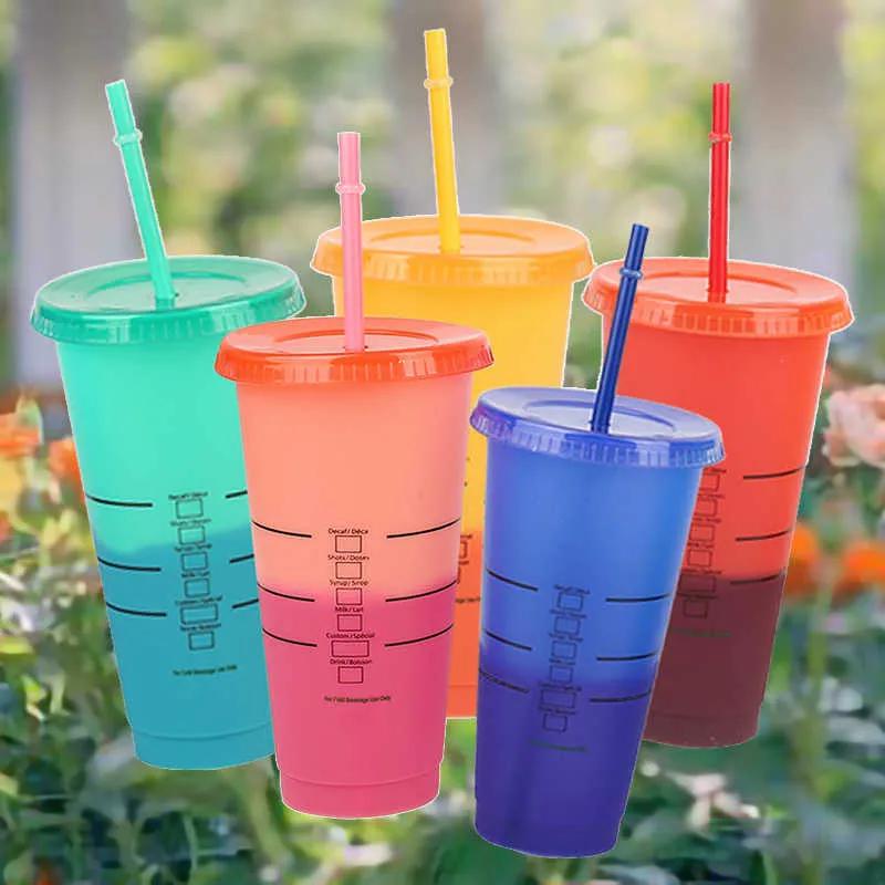 Starbucks Farbe wechselnde Tassen Farbe Wiederverwendbare Tasse Tumbler mit Deckel Cold Cups Kunststoff Tasse Sommersammlung Starbucks
