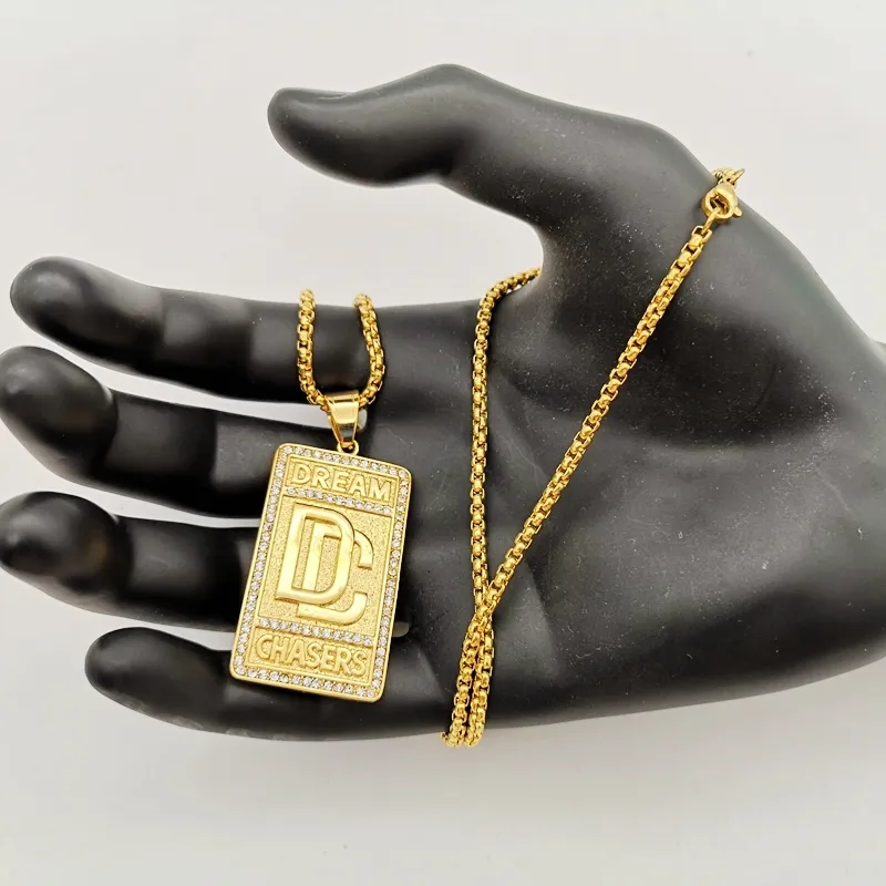 Hip Hop rock acier inoxydable strass Dream Chaser pendentif collier mens mode Or couleur DC collier bijoux Y1220