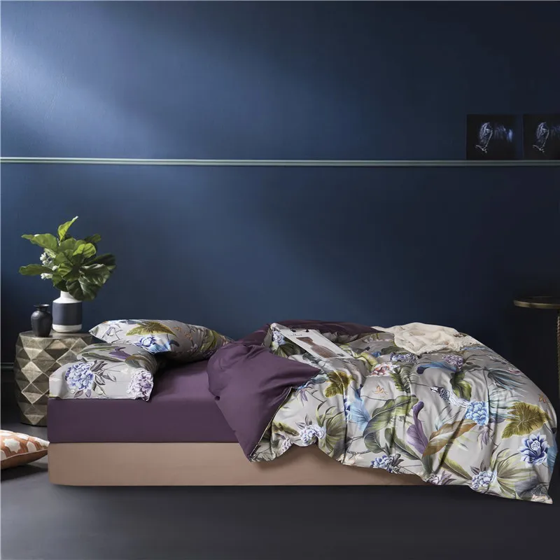 King Queen Twin size Vintage Floral Leaves Housse de couette Ensemble de literie en coton égyptien doux et soyeux Drap de lit Housse de couette 201021