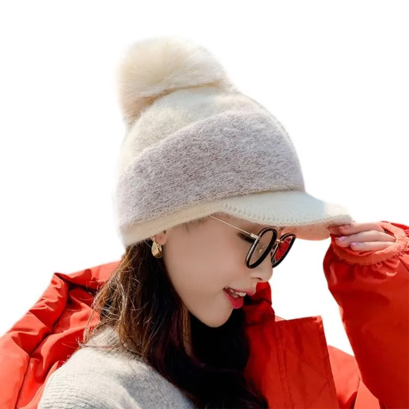 Kobiety zima gruba ciepła, rozmyta czapka czapki z wizjerem Bill Śliczna pompom zimna pogoda wiatraka czaszka baseballowa Cap235n