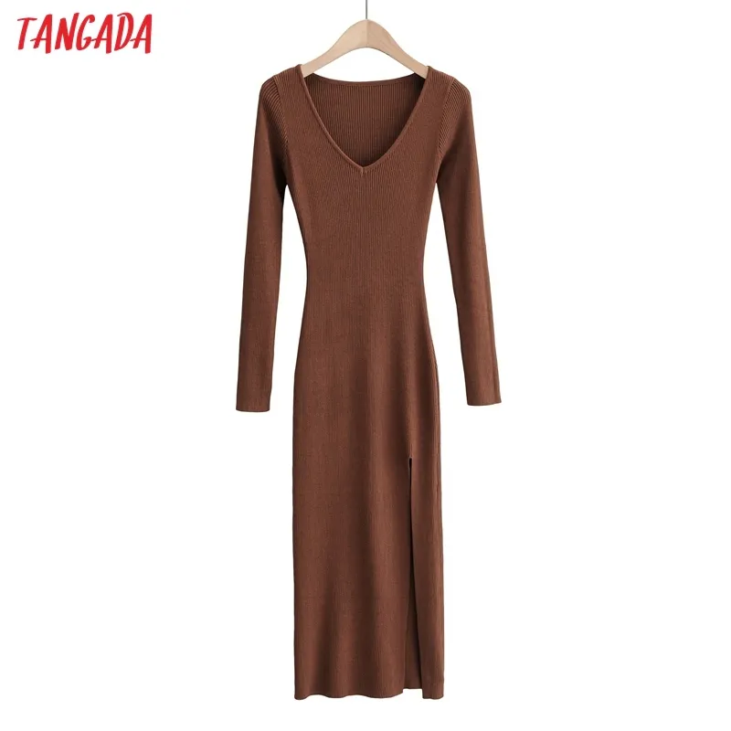 Tangada mode kvinnor solid elegant v neck tröja klänning långärmad damer sida öppen midi klänning 4p20 y0118