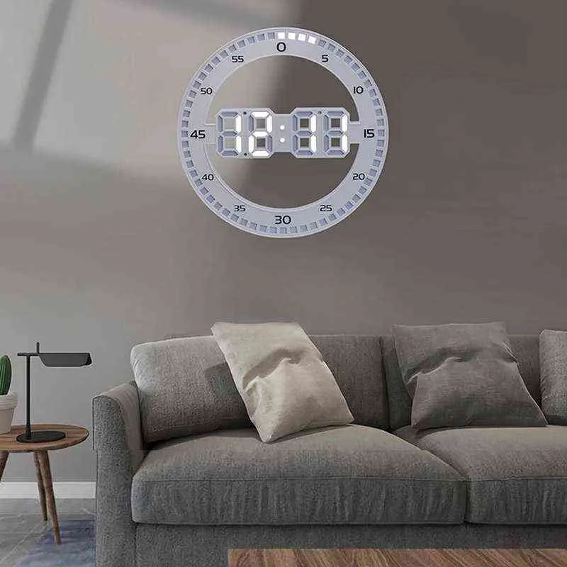 Silencioso 3D Digital Circular Luminou LED Wall Clock Alarme com Calendário, Termômetro de Temperatura para Decoração Home H1230