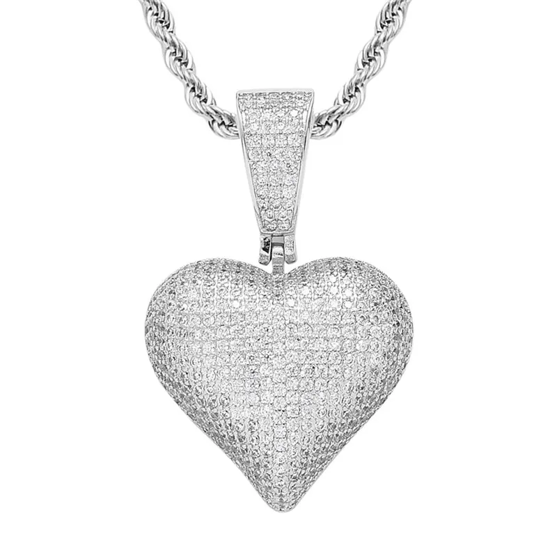 New Arrived Heart Shape Solid Back Pendant Necklace with Rope Chain Iced Out Zircon Mens Hip Hop Jewelry Gift325n