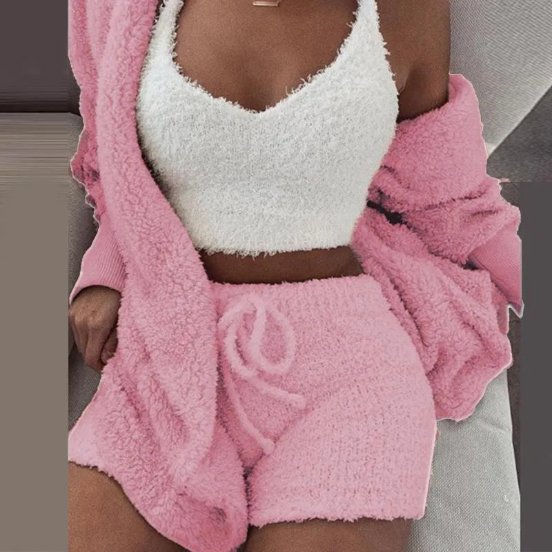 3 szt./Zestaw Winter Sexy Women Home Cuit Suit Casual Pajamas Long Rleeve Exposed Shorts kamizelki pępka Zestaw Y200708