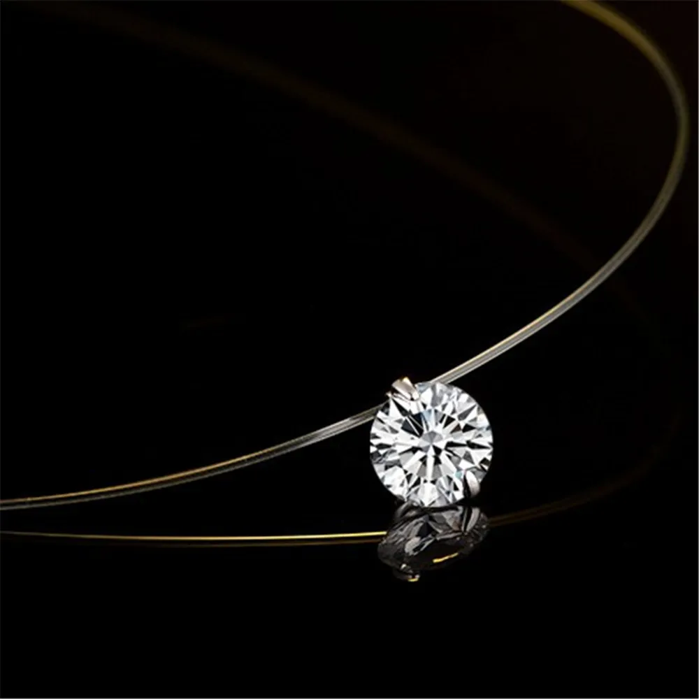 Kobiety Niewidzialny srebrny naszyjnik wisiorek uchwyt ozdobiony kryształami z przezroczystą linię połowową Rovski -x1435633434