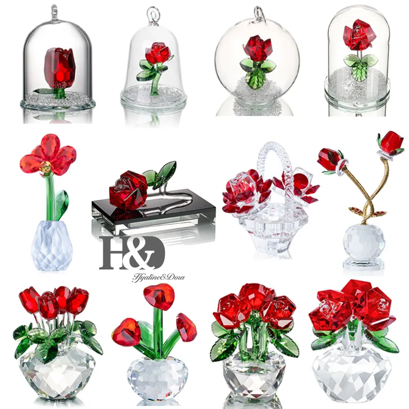 HDクリスタル赤いバラの置物ブーケ花コレクタブルアートガラスクラフトホームホーム結婚式の装飾飾りクリスマスギフトSouvenir T200710