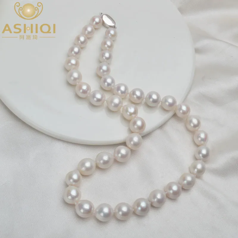 ASHIQI 1012mm Big Natural Freshwater Pearl Necklace for Women Real 925 Sterling Silver Clasp White Round Pearl Jewelry Gift 201226647420