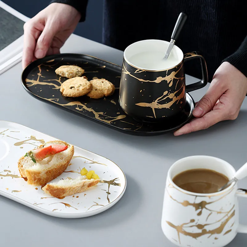 MUZITY Ceramic Milk with Breakfast Plate Porcelain MarbleTea Mug and Saucer One Person Set Q1222