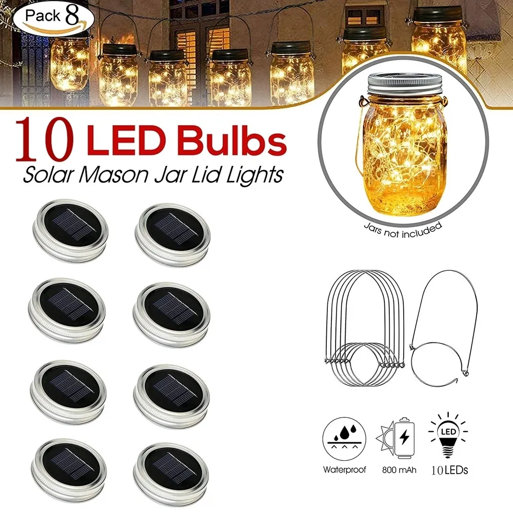 8 Pack Solar Mason Jar Lights avec 8 poignées 10 LED String Fairy Firefly Lights Couvercles Insert pour pots à bouche régulière Décor de jardin Y2203e