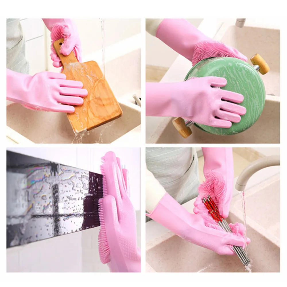 2 шт. / 1 ​​пара Волшебные силиконовые посудомоечные мытья перчатки Многофункциональные силиконовые скрабчатые перчатки для кухни Бытовая чистка 201021