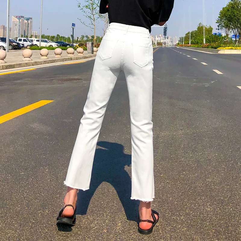 plus size jeans a vita alta donna pantaloni denim dritti nero bianco beige mom jeans donne moda coreana estate Washed Tassel 201223
