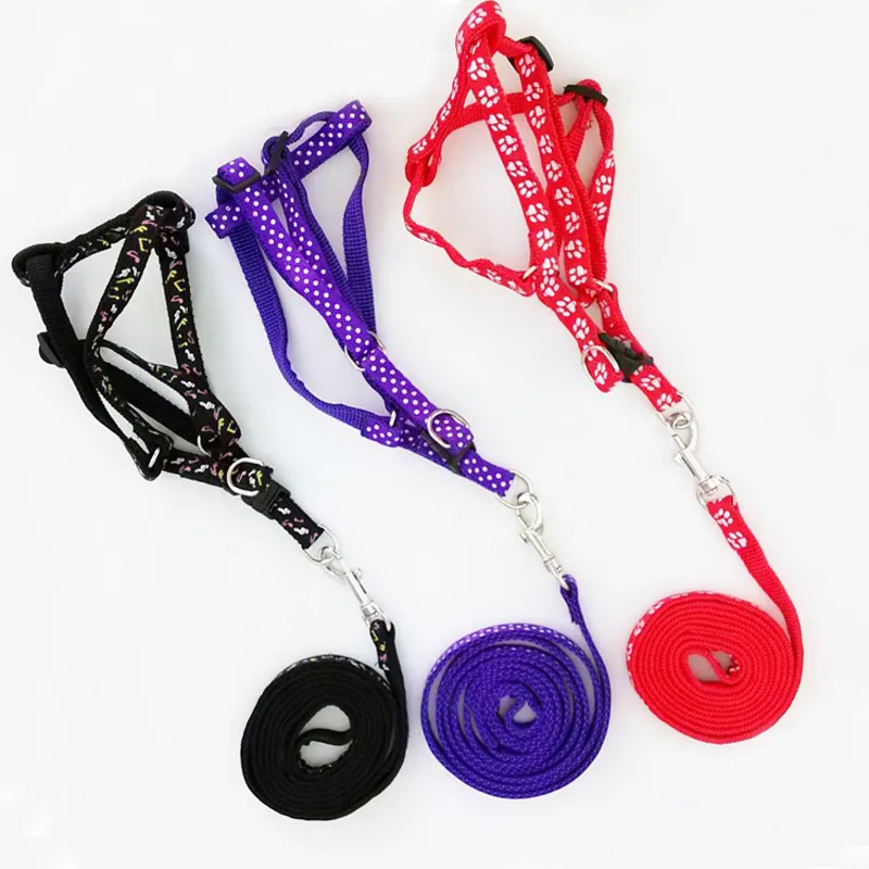 Small Dog Pet Puppy Cat Adjustable Nylon Harness with Lead leash Multi-colors Patch Printed Collar Halter Harness Leas 2278q