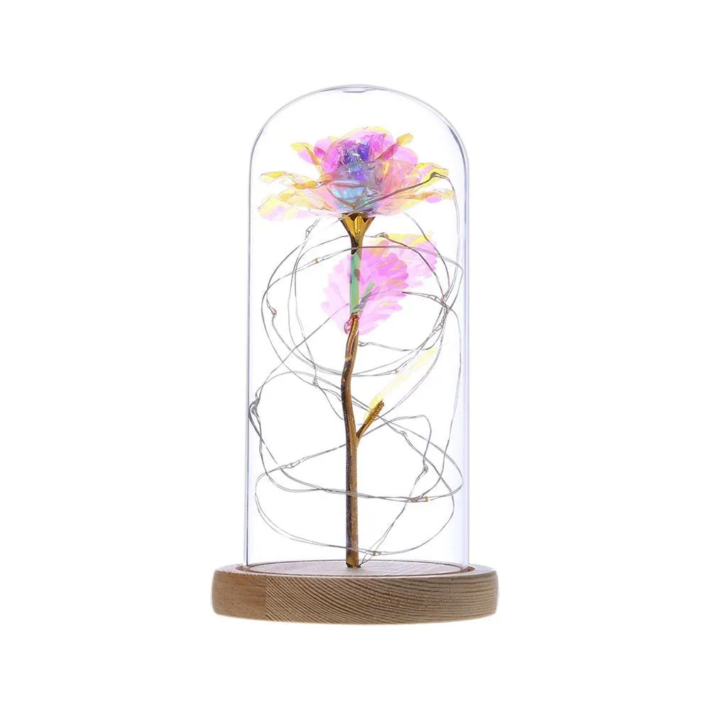 Enchanté pour toujours Rose Fleur Feuille d'Or Rose Fleur LED Lumière Fleurs Artificielles En Verre Dôme Décorations De Fête Cadeau Pour Les Filles Y12958