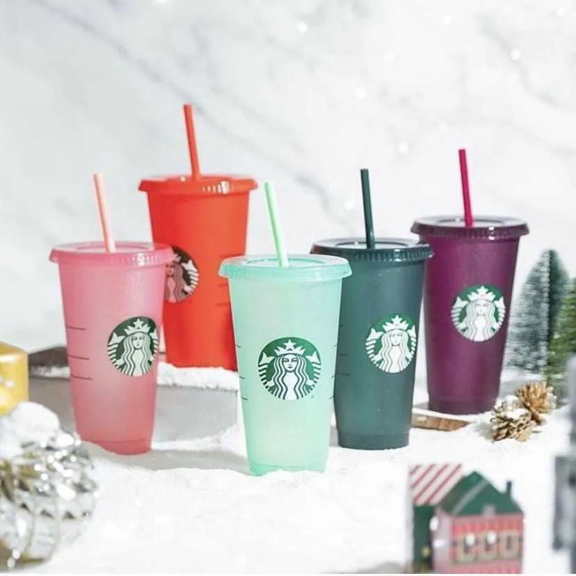 Copos reutilizáveis de mudança de cor Starbucks, copo com tampa, copos frios, copo de plástico, coleção de verão, vinho Starbucks FUUNYHOME