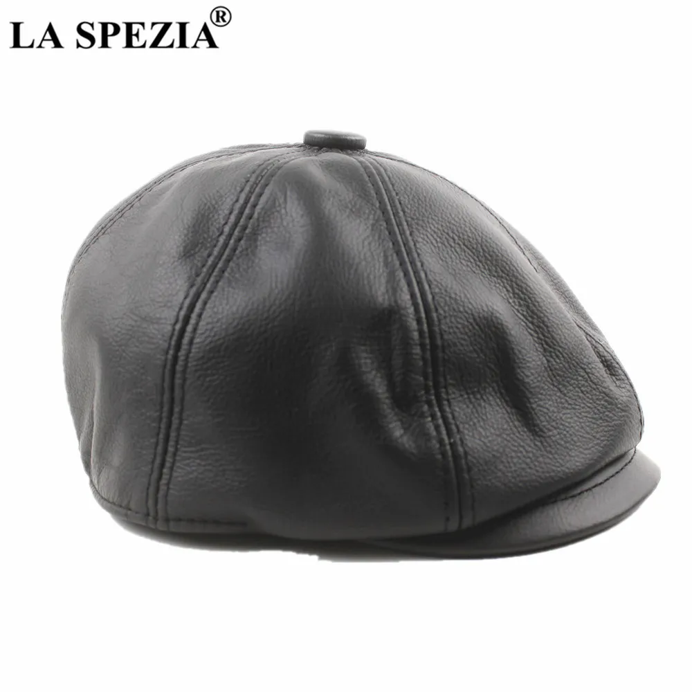 LA SPEZIA Khaki Men's Newsboy Gap Genuine Cowskin Leather Octagonal Cap Male Beret Autumn Winter Men Vintage Duckbill Hats 20206j