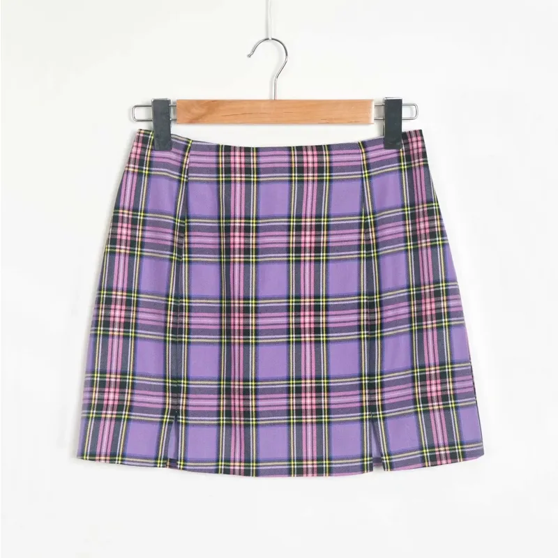 Kvinnor Back Zipper Öppna Plaid Print Kjol med två små framslitsar med fodrade pläd Mini Skirts x0428