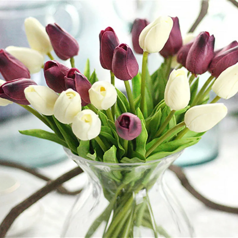 31 Sztuk Tulipany Sztuczne Kwiaty Pu Prawdziwe Dotykowe Bukiet Fałszywe Dla Dekoracji Ślubnej Home Gareren 220311