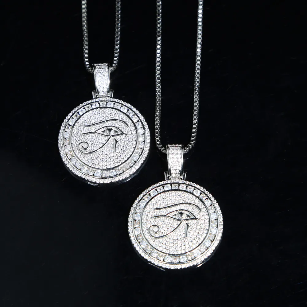 4110CM étendre boîte chaîne géométrique ronde pièce pendentif gravé mauvais œil chanceux glacé Bling CZ femmes collier 8937747