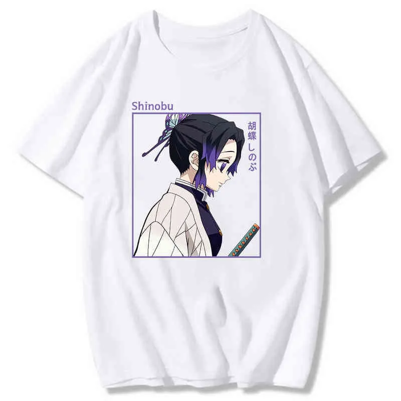 Demon Slayer Shinobu Kochou Tshirt Kimetsu Hiçbir Yaiba Baskı T-Shirt Manga Karikatür Grafik Tees Gömlek Kadınlar 100% Pamuk G220310 Tops