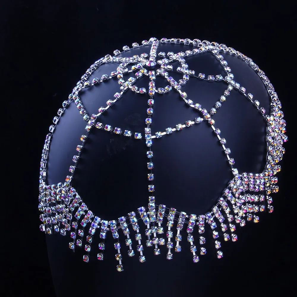 Luxury Full Rhinestone Tassel Bridal Headpiece Headband for Women Handmade Crystal Flapper Cap Head Chain Hair Accessories Gift J03477355