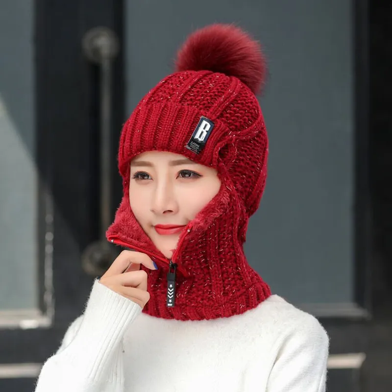 Chapeau tricoté en laine pour femme, ensemble de chapeaux de Ski pour femme, coupe-vent, hiver, extérieur, tricot chaud et épais, écharpe siamoise, chapeau chaud pour fille, cadeau 243b