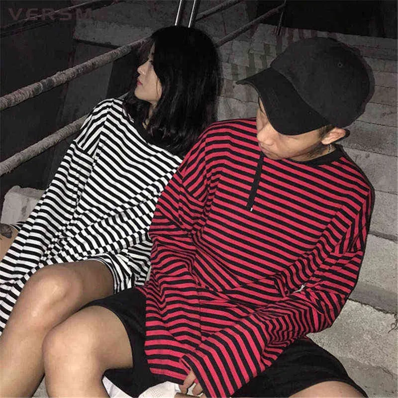 VERSMA Korean Ulzzang Harajuku GD Black White Striped T-shirt Men Women Unisex Loose Oversized Extra Long Sleeve Couple T Shirt H1223