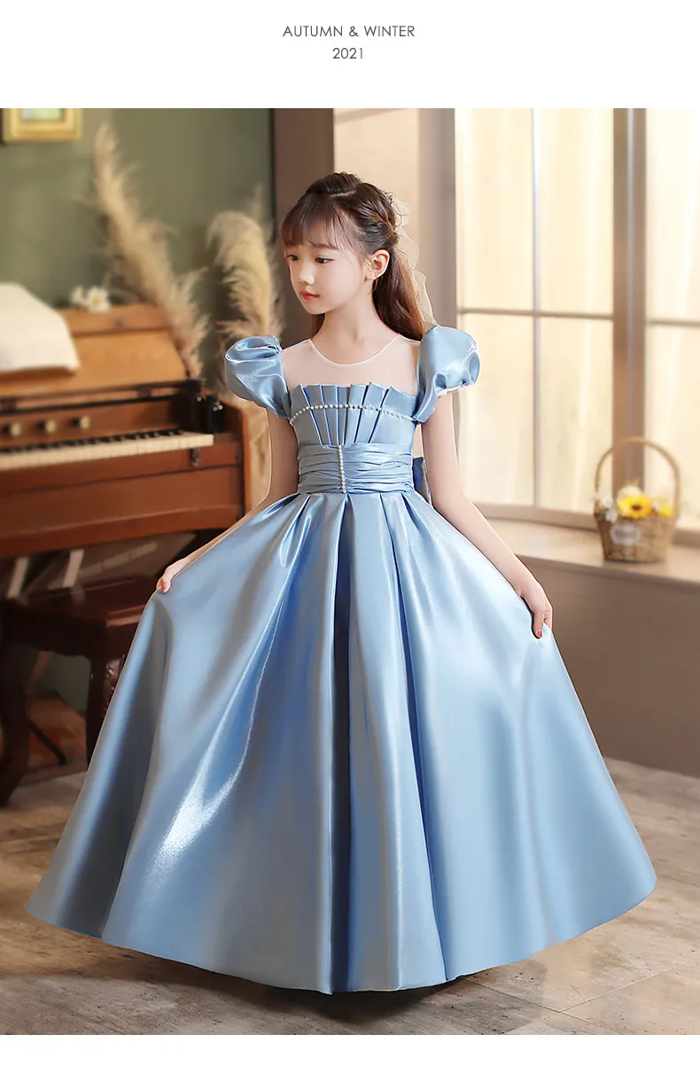 Cute blue Lace Little Kids Flower Girl Dresses Princess Jewel Neck Tulle Applique Puffy Floral Formal Wears Party Communion Pageant Gown